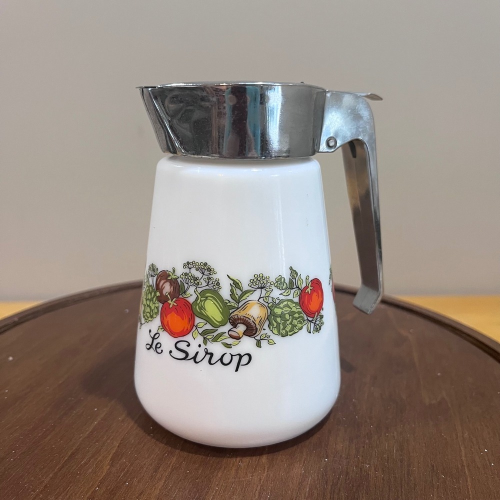 Vtg Gemco Spice of Life Syrup Dispenser Milk Glass Le Sirop Chrome Lid 70s MCM
